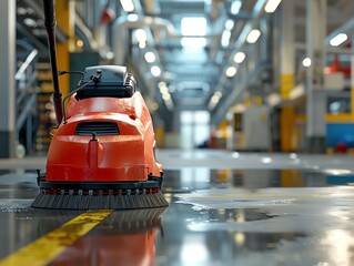 Fototapeta premium Floor sweeper machine in action, on a commercial floor, high detail