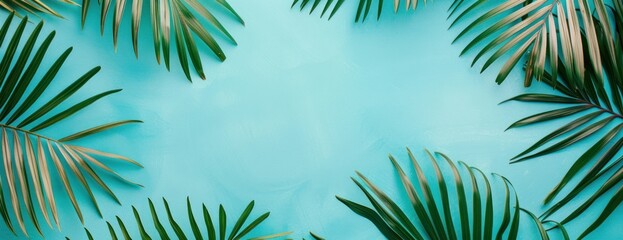 A painting depicting palm trees standing tall against a clear blue sky, with no clouds in sight