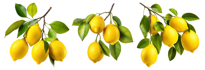 Set of fresh delicious lemons on branches, cut out