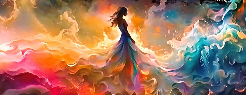 Abstract art with paint surrounding beautiful woman wearing long flowing dress 4K Video