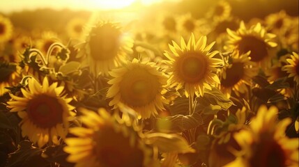 A field of sunflowers basking in the golden light of the setting sun, their petals glowing brightly. 8k, full ultra HD, high resolution, cinematic photography