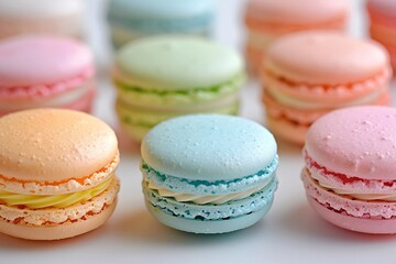 Obraz premium Colorful Macarons in Pastel Hues, Presented on a White Surface