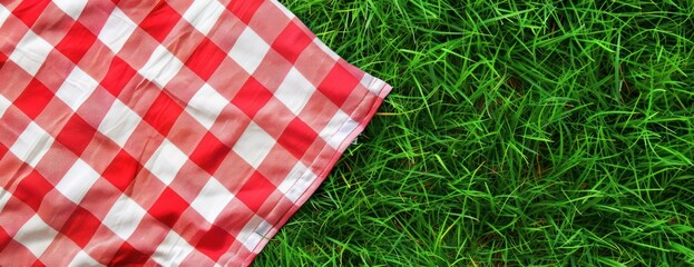 Obraz premium Checkered picnic tablecloth on fresh green grass, top view. Space for text