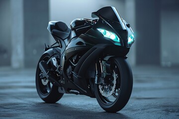 a black motorcycle with green lights