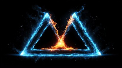 abstract triangle of blue glowing light particles with fire flame on plain black background