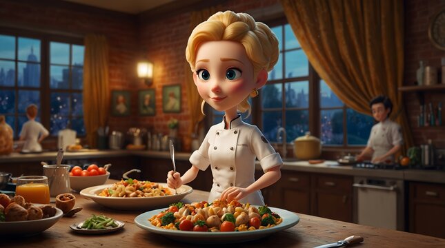 A whimsical cooking competition featuring famous animated chefs and their signature dishes ai_generated
