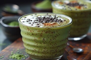 Matcha Smoothie - Light green with a sprinkle of matcha powder on top. 