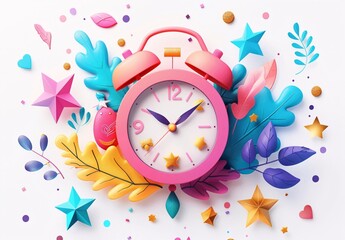 Colorful Illustration of a Clock with Vibrant Stars and Leaves