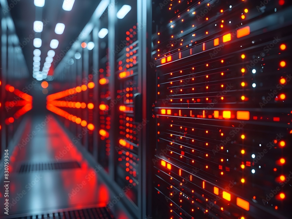 Poster illuminated servers in a modern data center blending technology and architecture for digital storage