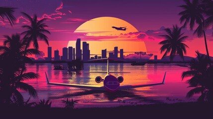 Miami Florida VIce City Retro Wave. with airplane . vector ilustration AI generated