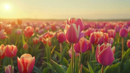 A field of tulips in full bloom, stretching as far as the eye can see, with vibrant colors under a clear sky. 8k, full ultra HD, high resolution, cinematic photography - Powered by Adobe