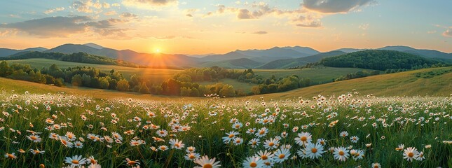 Beautiful spring landscape with daisies in the foreground, green grass and trees on hills under a sunset sky. A panoramic view of a meadow full of flowers in summer time.


