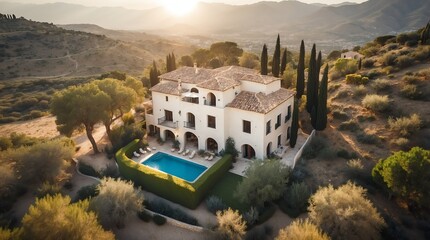 aerial view of mediterranean house with dramatic sun lighting and a tree