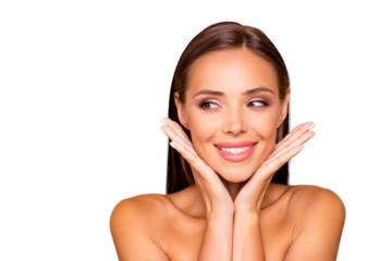 Graceful pretty well-groomed lady with naked shoulders look aside she isolated on pastel beige background with copy space for text she hold open palm hand near face make white toothy smile