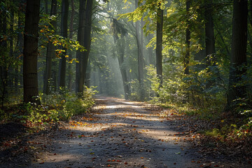 Obraz premium Serene Sunlit Forest Path in Early Morning