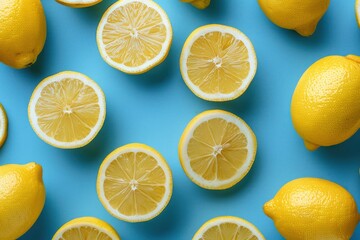 Fototapeta premium A blue background with a bunch of lemon slices on it