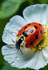 Ladybug on white flower with droplet