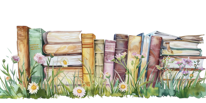 Watercolor of classic vintage stack of books decorating with meadow grass and flower isolated white on background