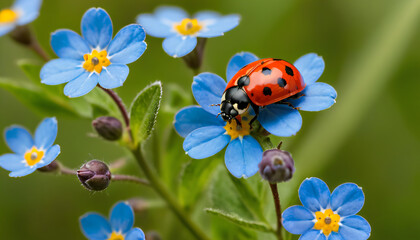 Ladybug on forget me not flower