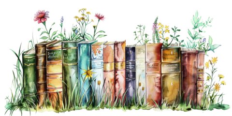 Watercolor of classic vintage stack of books decorating with meadow grass and flower isolated white on background