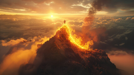 A man standing triumphantly on a mountain peak covered in clouds