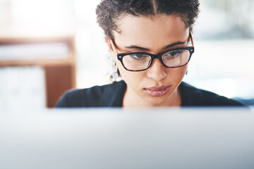 Businesswoman, computer and read with glasses and face, close up and online work for seo...