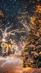 Snow-covered street lined with festive Christmas lights and decorated trees