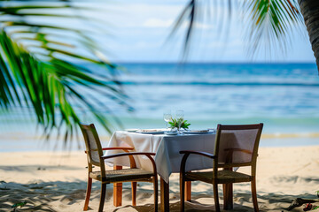 dining table with beautiful sandy beach view