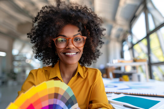 Creative Female Designer with Color Swatches in Modern Office