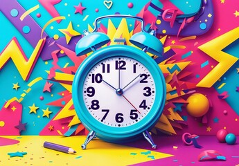 Vibrant Pop Art Clock Surrounded by Colorful Party Decorations