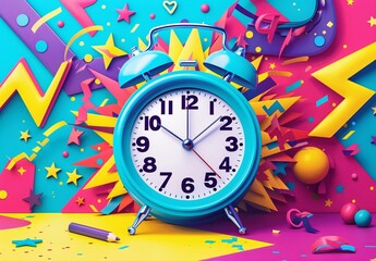 Vibrant Pop Art Clock Surrounded by Colorful Party Decorations