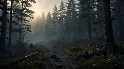 A survival game where players must navigate treacherous terrain obscured by dense fog while avoiding unseen dangers ai_generated