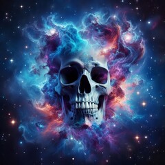 A surreal digital artwork featuring a skull encased in colorful cosmic dust and nebulae, emanating a mysterious and eerie vibe.. AI Generation