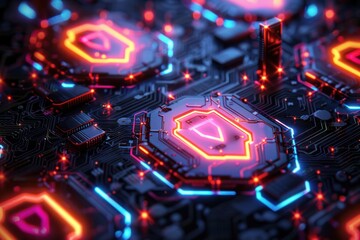 A computer chip with a red and blue shield on it