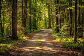 Serene Forest Path Lined with Tall Trees and Sunlight