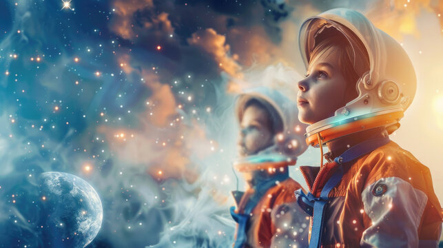 Two children wearing astronaut suits gaze at the stars amidst a vibrant, colorful cosmic scene, surrounded by glowing nebulae and distant planets
