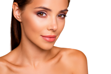 Cropped close up photo of dreamy cute well-groomed charming lady with her naked shoulders she stand half turn isolated on pastel beige background make nice smile