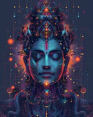 Vibrant digital artwork depicting a serene deity with intricate details and glowing elements.