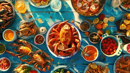 A vibrant outdoor seafood feast features crabs, lobster, shrimp, and an array of side dishes on a blue table, captured under the bright midday sun
