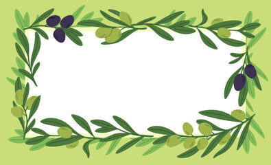 Olive sprigs frame. Plant branches. Banner template with green and black fruits. White leaf covered with garden stems. Place for text. Summer foliage border. Garish vector background