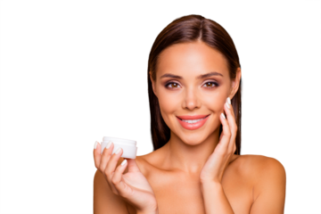 Close up photo of good-looking lovely charming pretty brunette hair lady with her naked shoulders she make hollywood teeth toothy smile isolated on pastel beige background use white cream for face