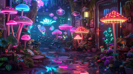 A magical forest path glows with vivid neon mushrooms and bioluminescent plants at dusk, creating a surreal and enchanting atmosphere