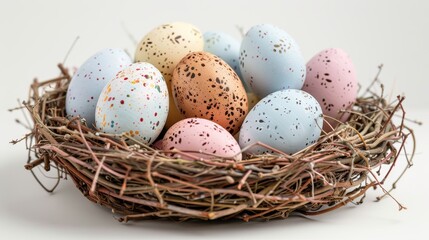 Obraz premium Colorful speckled eggs nestled in a natural twig nest with delicate spring blossoms add a touch of serene beauty to any setting. Generative Ai