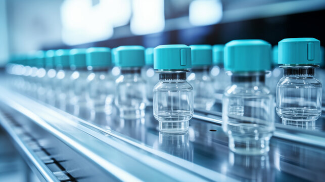 vaccine bottle at pharmaceutical factory production line