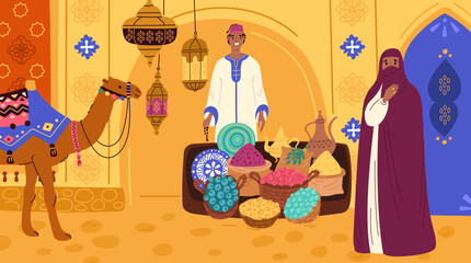 Fruit seller in Moroccan bazaar. Decorative national lamps. Arabian camel. Woman in hijab. Oriental ornaments. Marrakech market street. Man in traditional clothing. Garish vector concept