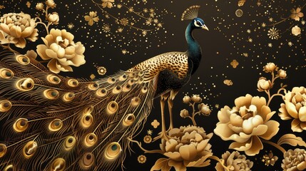 golden peacock with flower pattern wallpaper, vector illustration AI generated