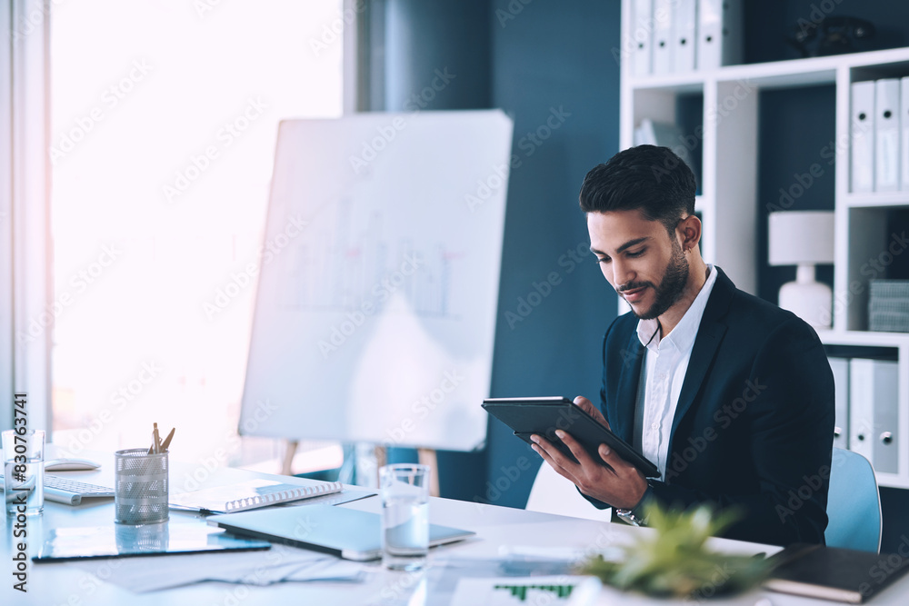 Aufkleber Tablet, research and business man scroll for reading email statistics, chart or online analysis in office. Digital technology, data analyst and typing for planning project, information and erp report
