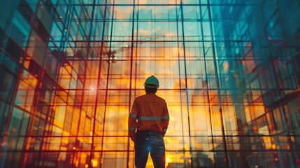 A construction worker inspecting completed work, close up, quality control theme, realistic, overlay, finished building backdrop