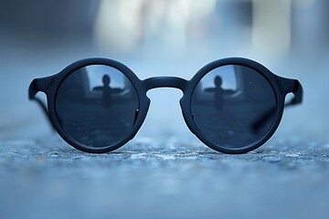 Sunglasses with Reflection of Person on Sidewalk