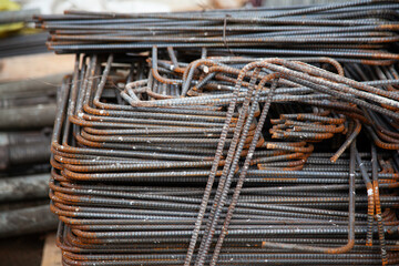 The stack of steel bar in the construction site